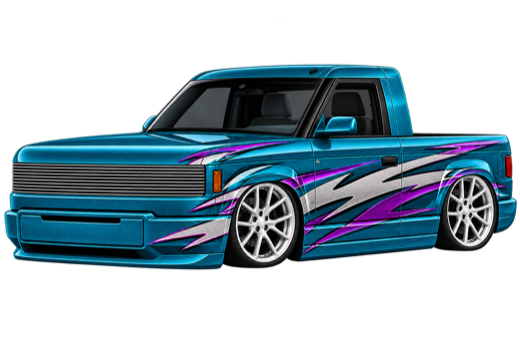 Teal mini truck with 90s graphics
